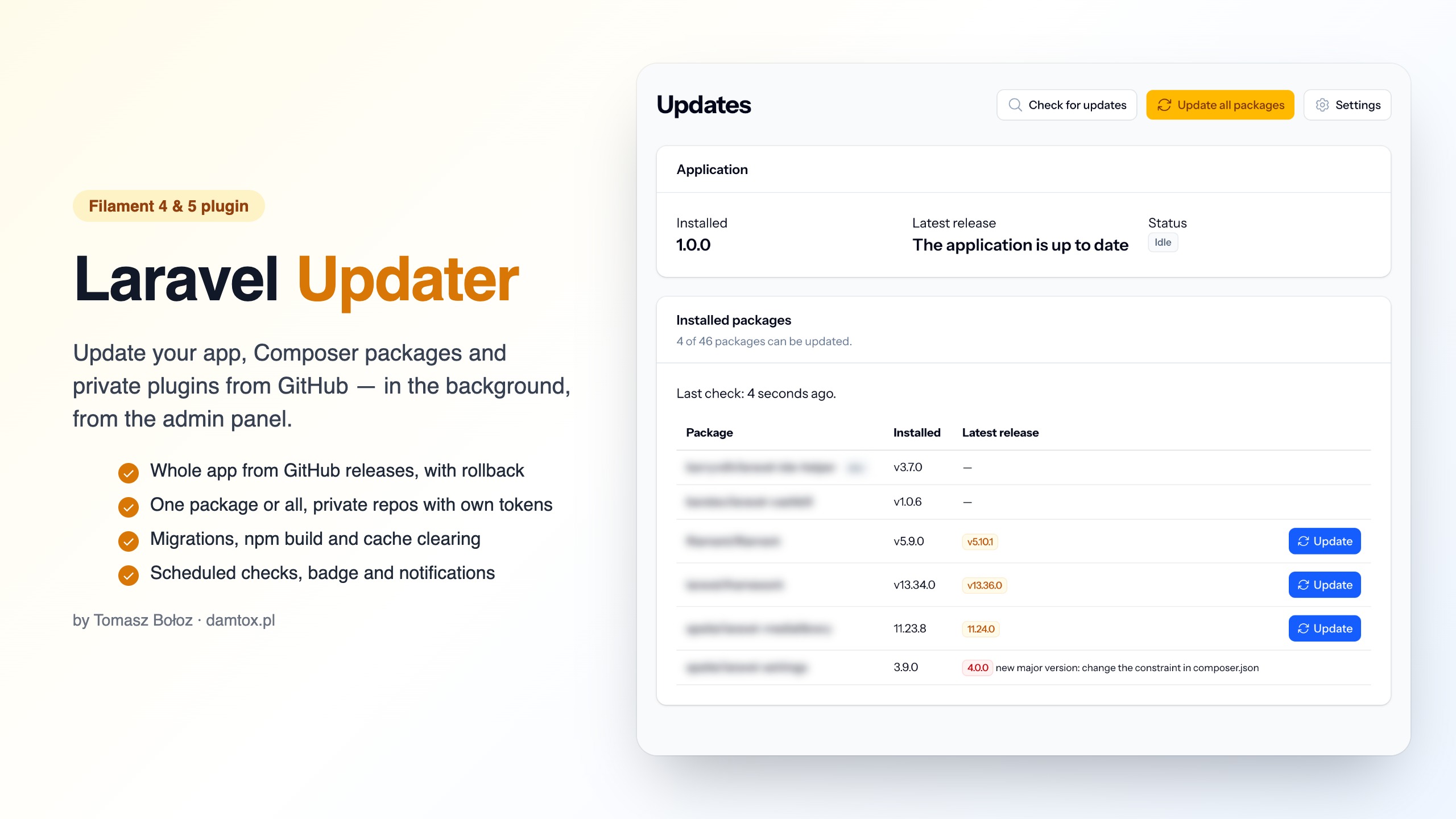 Laravel Updater: the Updates page in the Filament admin panel