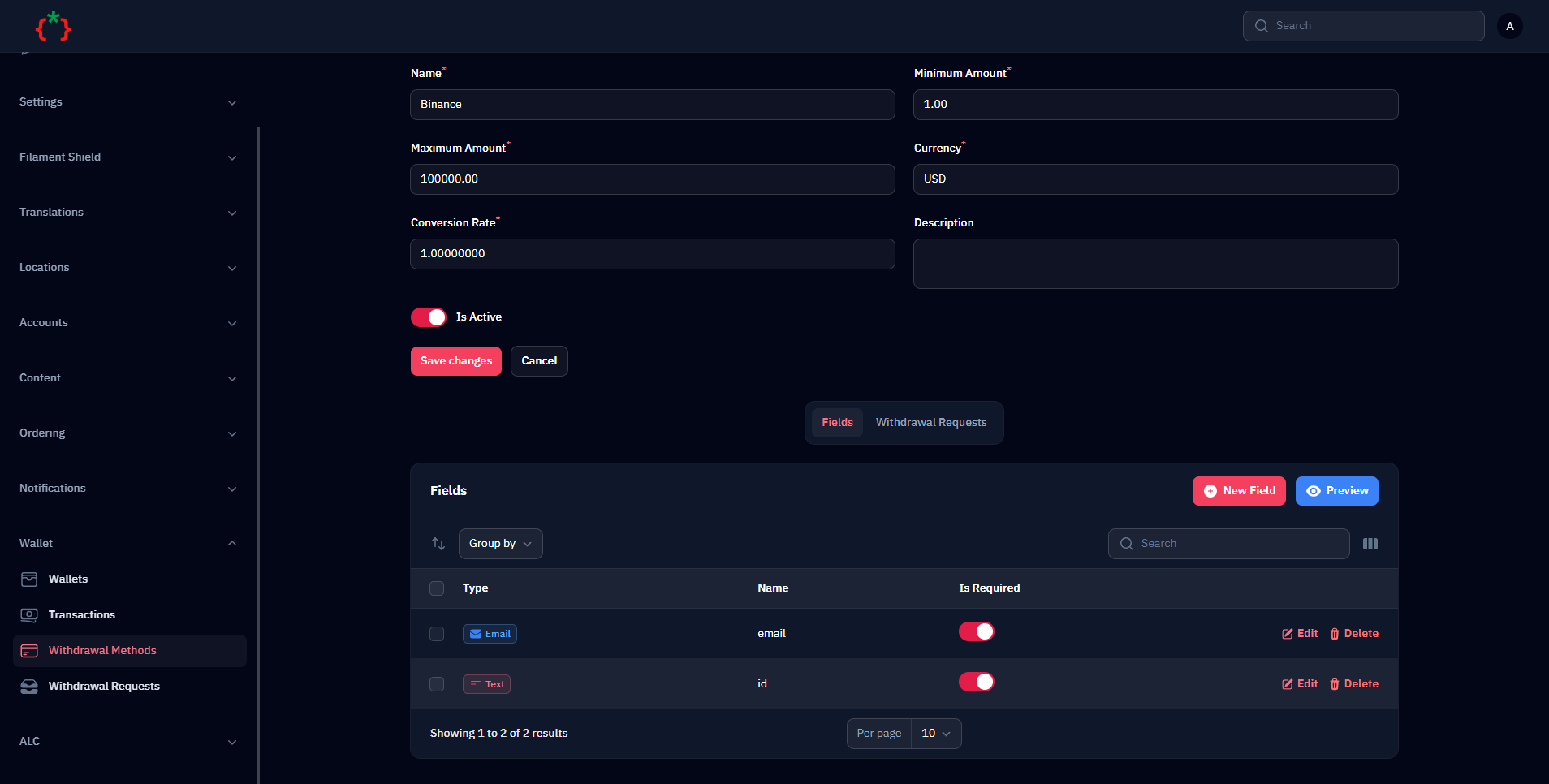 Withdrawal Methods Fields