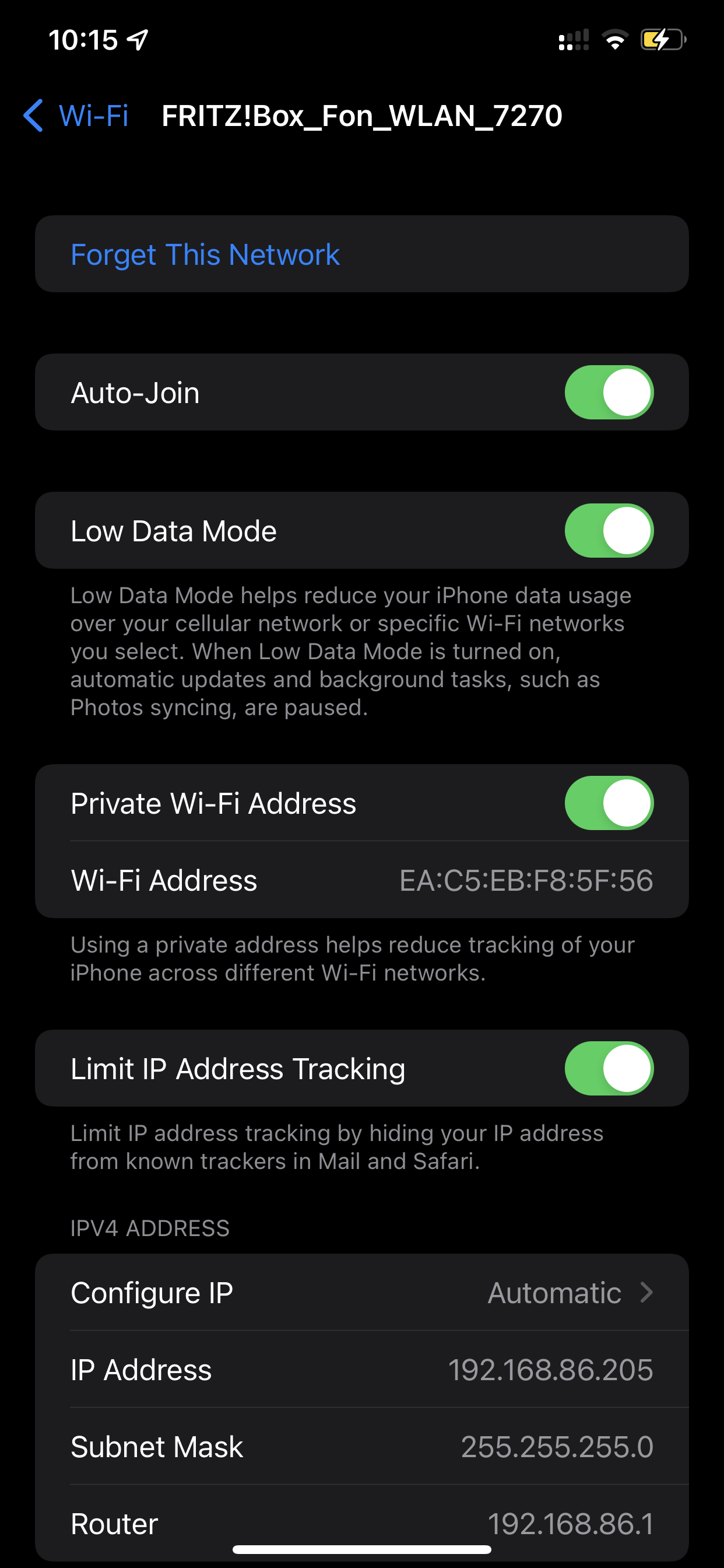 iOS network settings with the 'Low Data Mode' switch toggled.