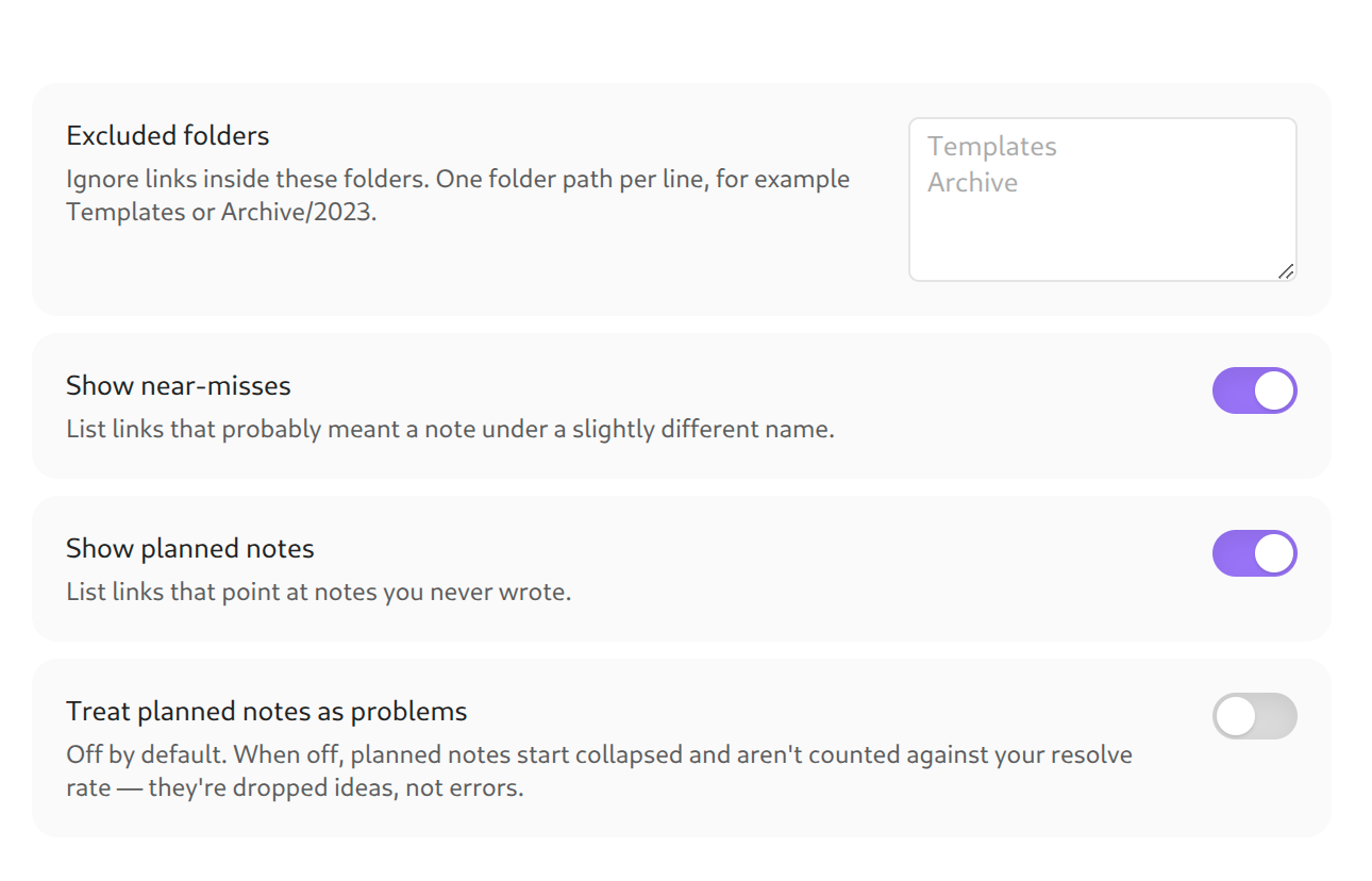 The settings tab: excluded folders, show near-misses, show planned notes, and treat planned notes as problems