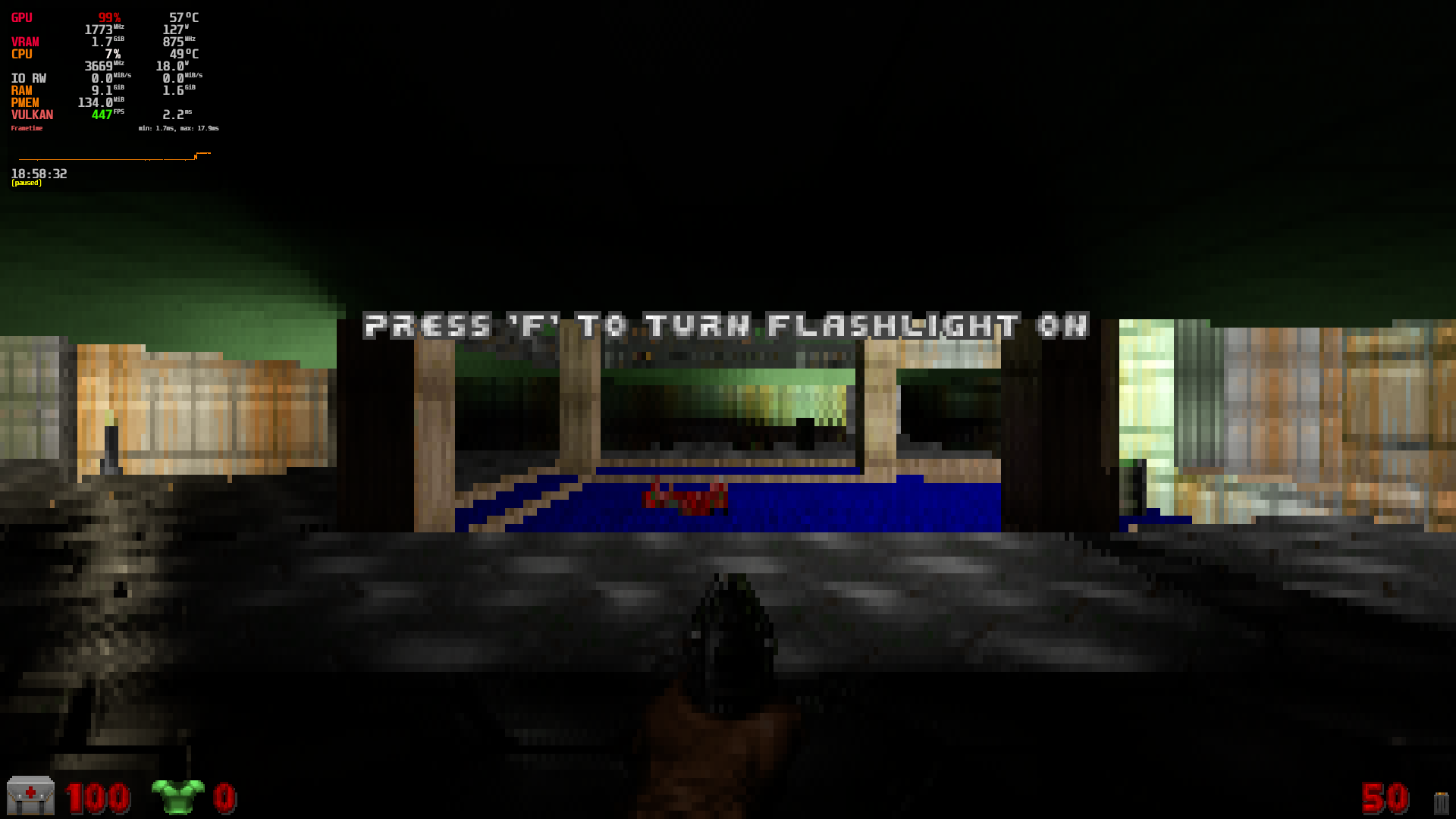 Doom gameplay in PrBoom-Plus RT showing the high FPS counter