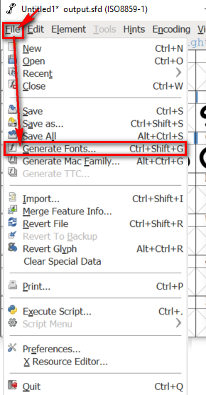 FontForge menu generate font