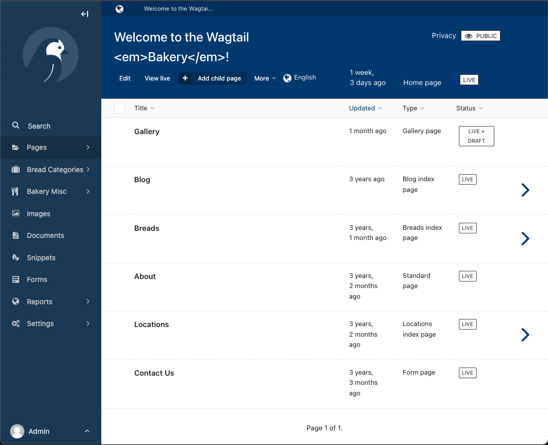 screenshot of the Wagtail 3.0 admin, page listing, with a custom blue color theme