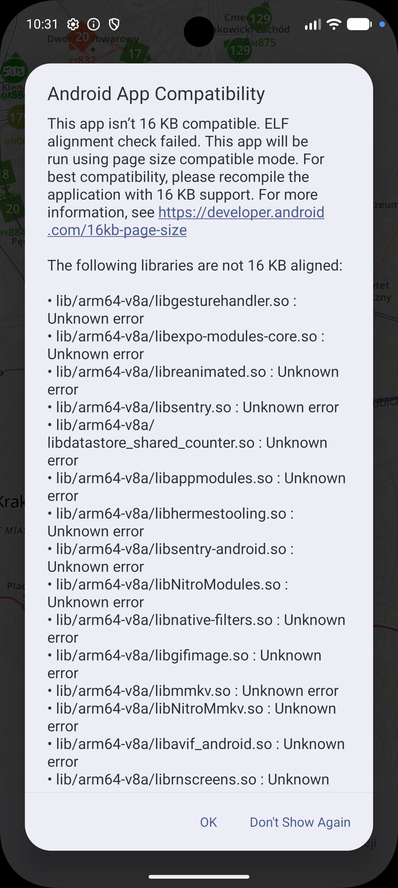 Android App Compatibility dialog listing libraries that are not 16 KB aligned