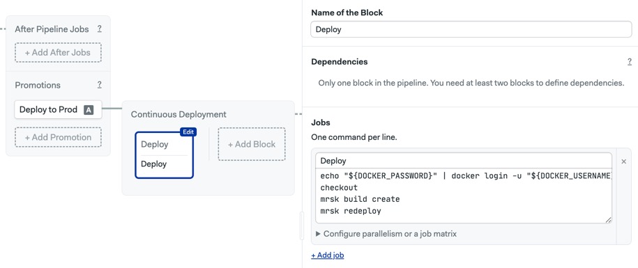 The workflow visual editor in Semaphore shows a block with a single job called deploy. It contains the deployment commands and has the mrsk-deploy and dockerhub secrets enabled.