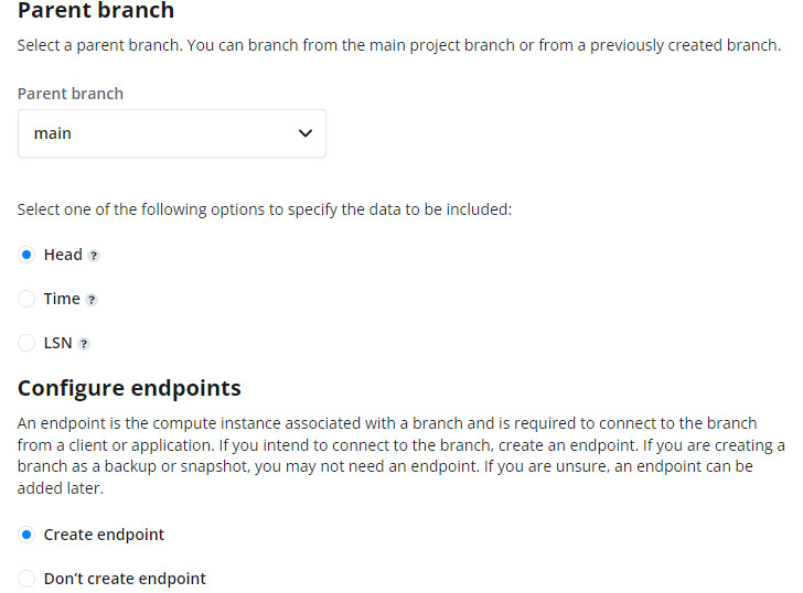 Screenshot of the create branch UI. It shows a parent branch selector, three options to create the branch: head, time, and LSN, and the option to create an endpoint for the new branch.