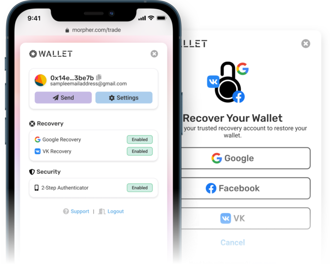 Morpher Wallet homepage on mobile screenshot with recovery flow screen.