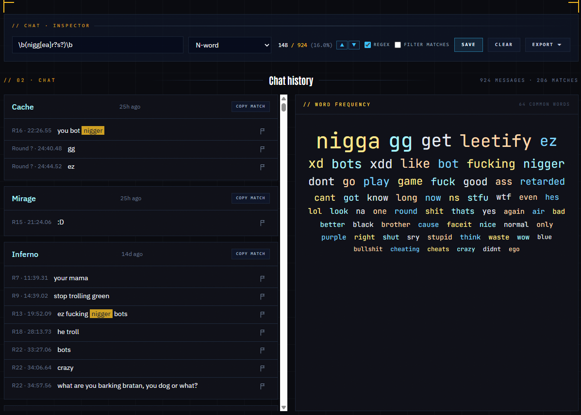 Chat Inspector search bar with active regex hits highlighted across a player's chat history