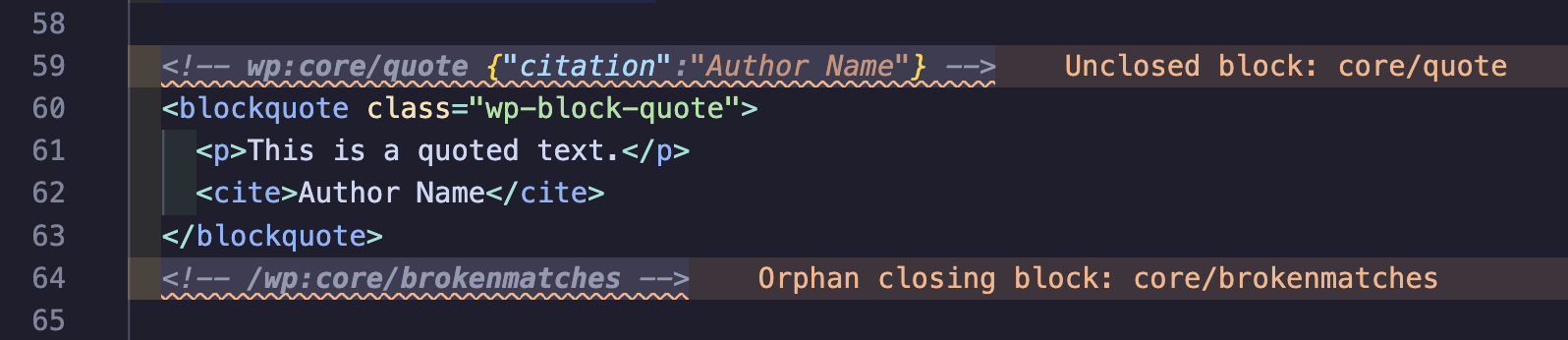 Block diagnostics showing unclosed and orphan block warnings
