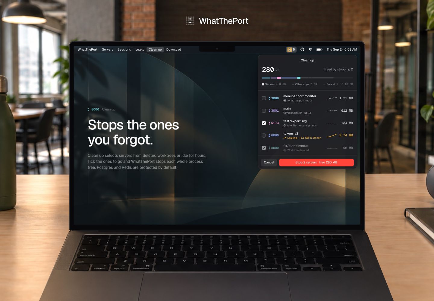 Marketing demo of Clean up with idle and deleted-worktree servers selected for removal