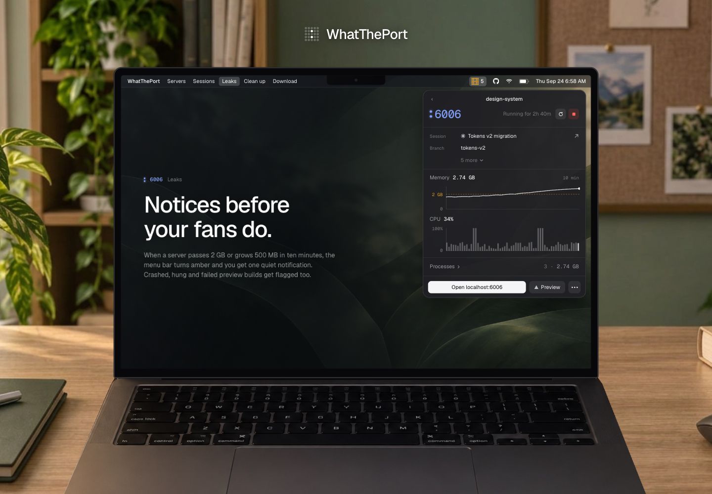 Marketing demo showing a rising memory chart and the amber alert threshold for a development server