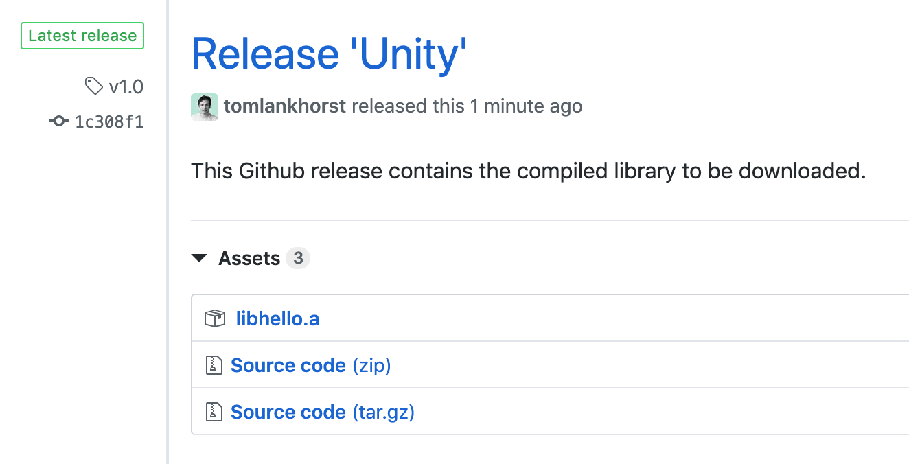 The GitHub releases overview showing v1.0 with libhello.a