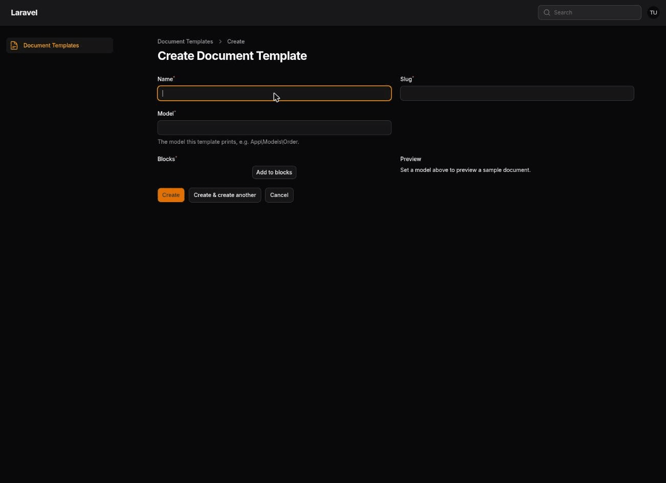 Building a template: name and model, a paragraph block with a merge field, a table bound to a data source collection, all reflected live in the preview