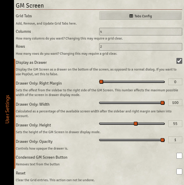 Screenshot of the GM Screen Configuration