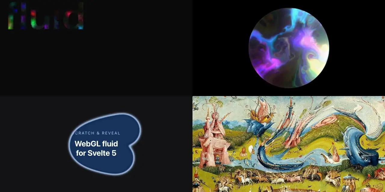 svelte-fluid showcase: text-masked fluid, glass orb with chromatic refraction, reveal-scratch effect, and image distortion