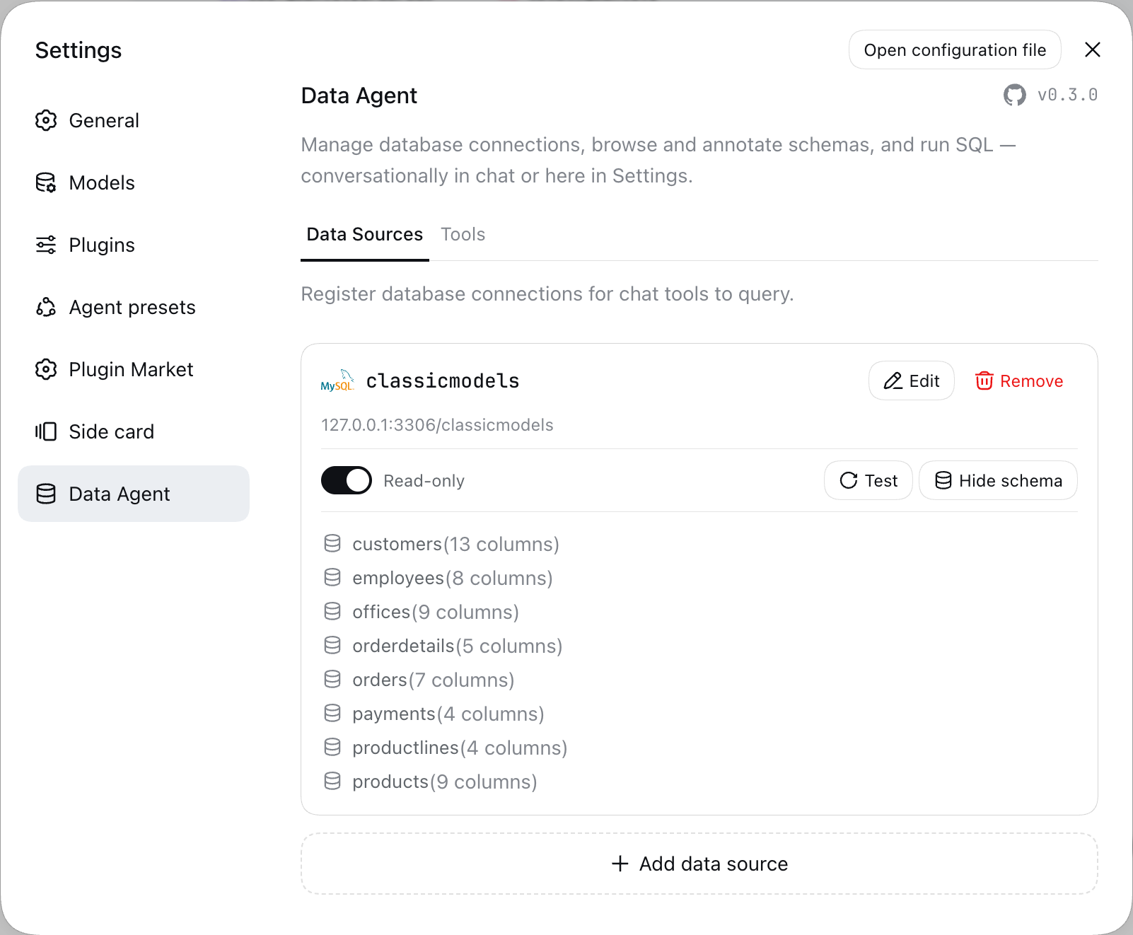 Settings → Data Agent panel