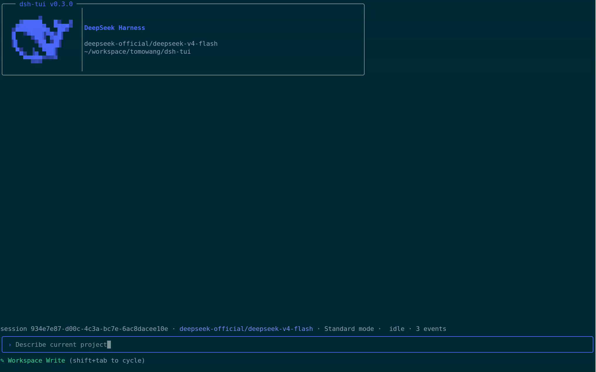 dsh-tui session in a terminal, showing the startup banner, injected context, and tool calls