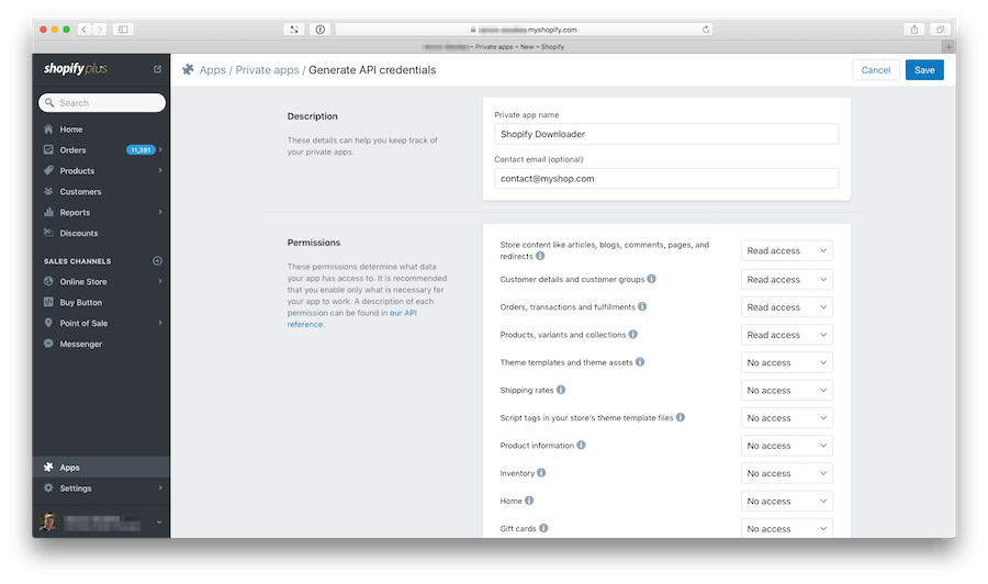 Shopify API key application