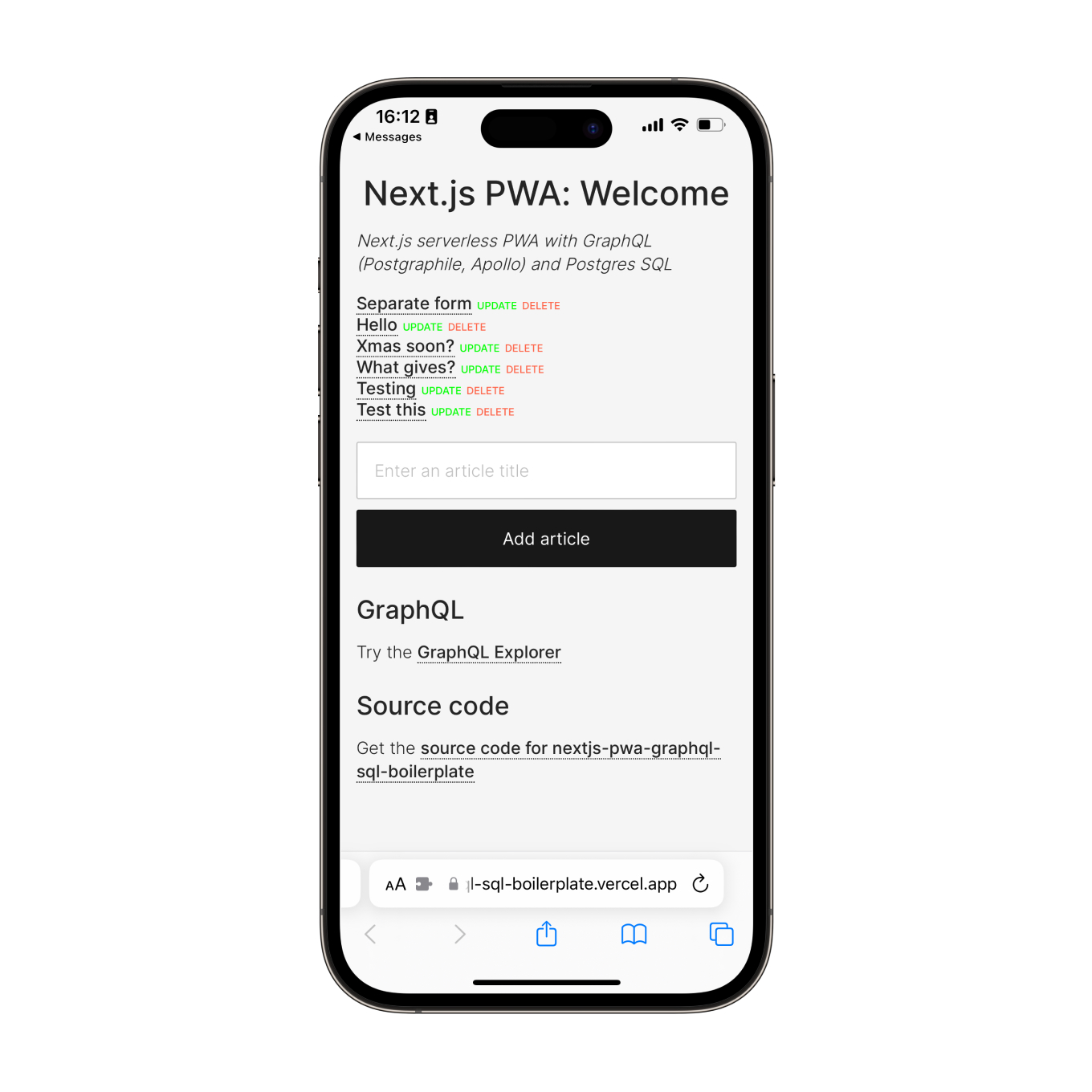 nextjs-pwa-graphql-sql-boilerplate demo on phone