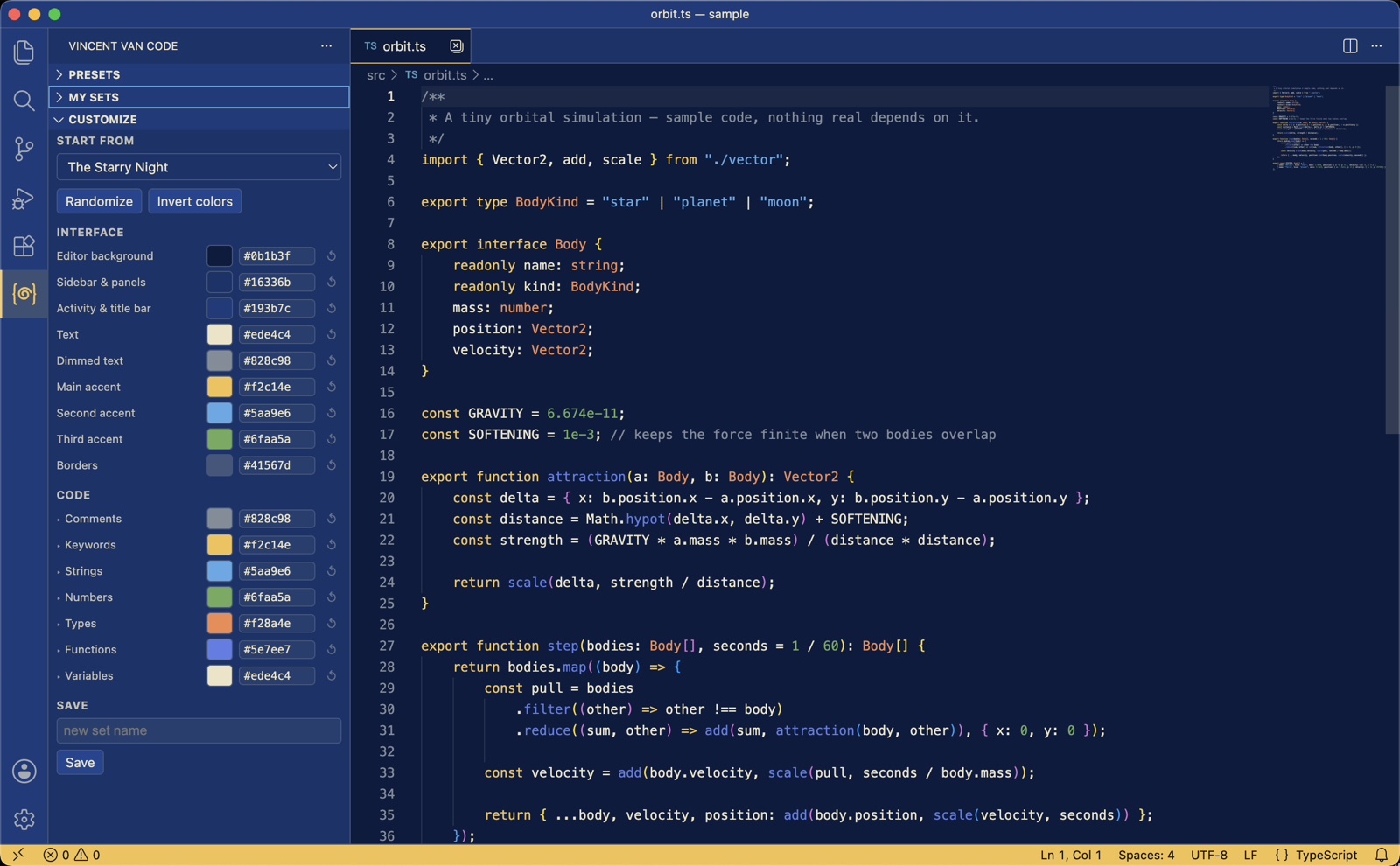 The Customize section, every interface and code role with a color picker