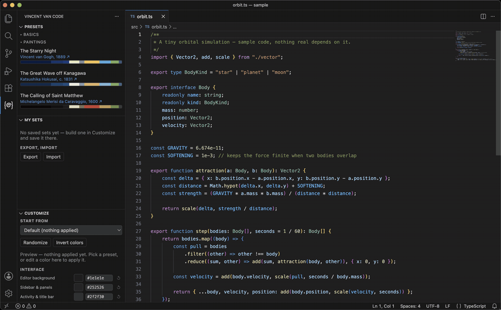 Picking a preset, randomizing, inverting and hand-picking a color, live