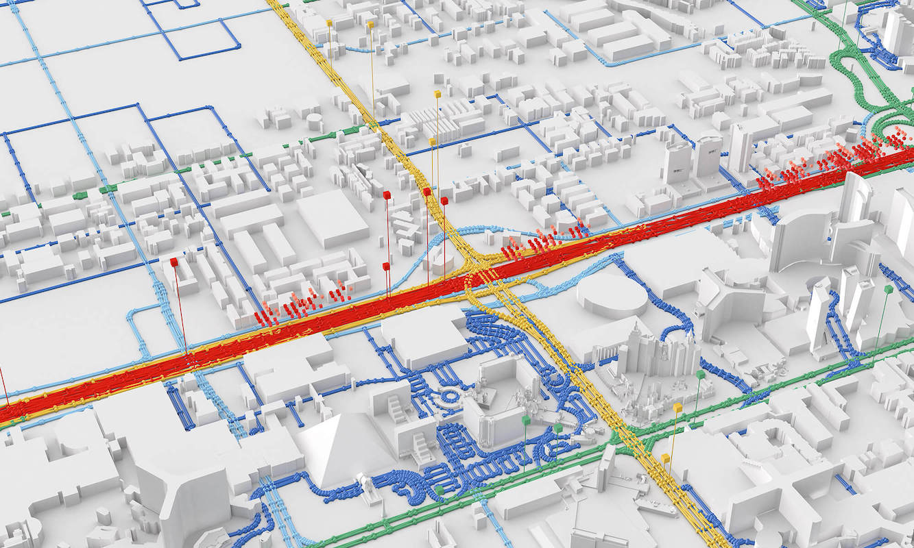 A 3D computer modeled map on a white background visualising traffic data 