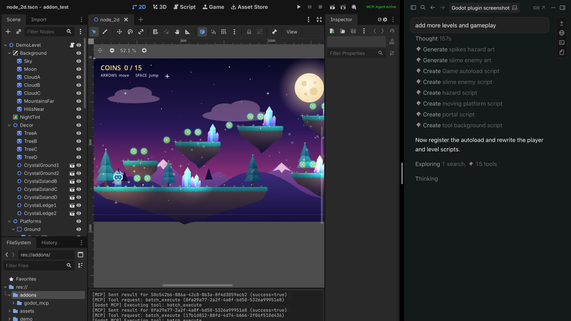 An AI agent in Cursor building a platformer level in the Godot editor