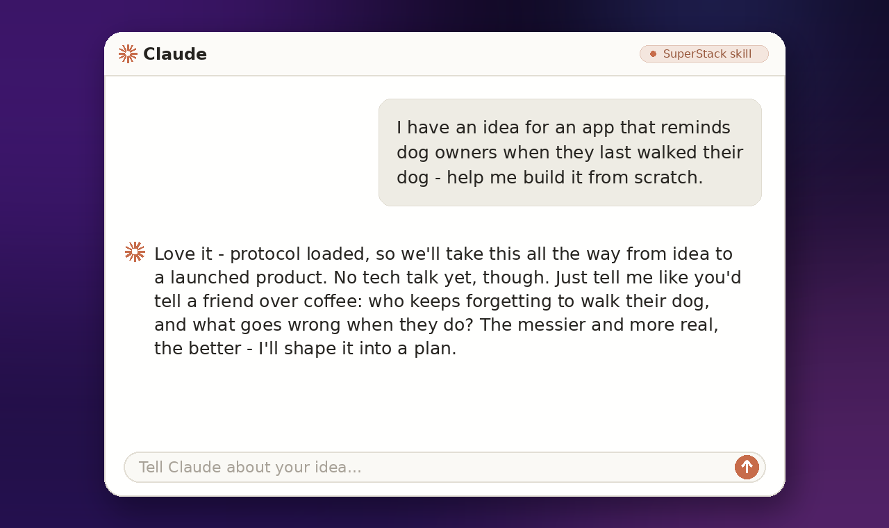 The SuperStack kickoff — a warm, plain-language conversation about your idea