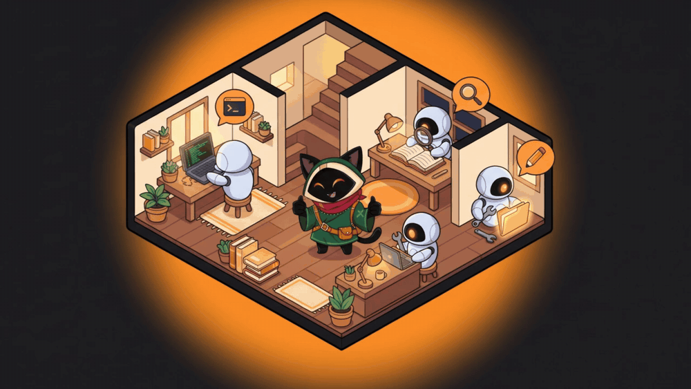 Loop, the OmniGet mascot, gives two thumbs up in the middle of a cozy isometric house while three small robot agents work at three separate workbenches: one types code on a laptop, one studies a book with a magnifying glass, one repairs a folder with a wrench. Each has a balloon showing the tool it is using
