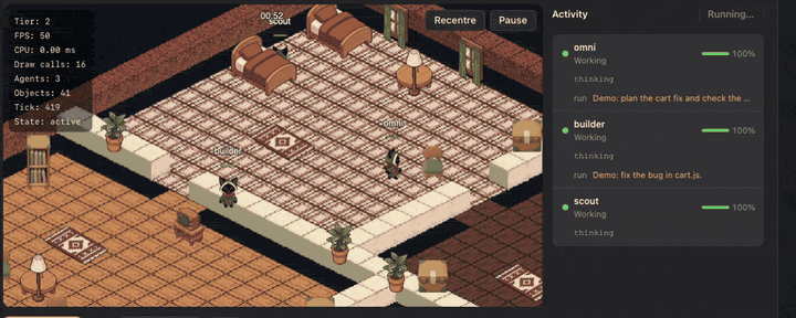 The OmniGet World in the real app: three agents, Omni, Builder and Scout, walk to different workbenches in an isometric house, each with a balloon naming the tool it is running, next to an Activity panel listing who is doing what