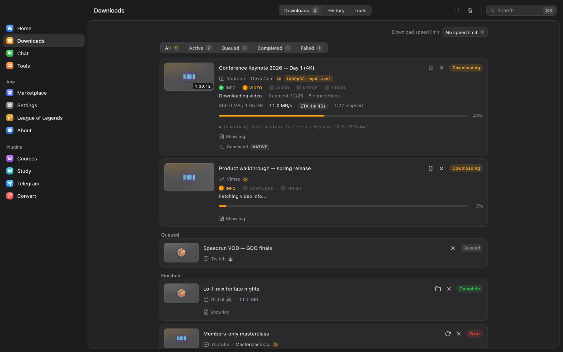 OmniGet Downloads page with an active 4K YouTube download showing phase, speed, ETA and the exact yt-dlp command, plus queued and finished items