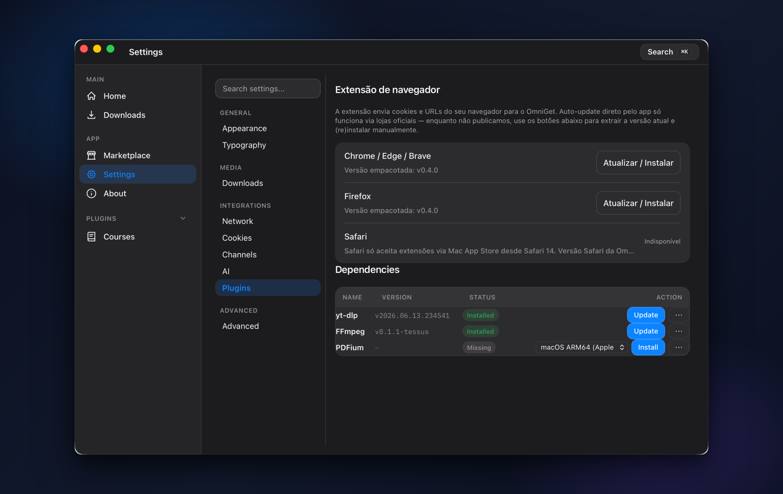 OmniGet plugins and dependencies, browser extension pairing and managed tools as a table