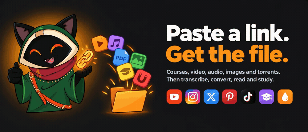 OmniGet: paste a link, get the file. Loop, the mascot, sends video, music, PDF, image, course and torrent files into a folder. Courses, video, audio, images and torrents, then transcribe, convert, read and study.