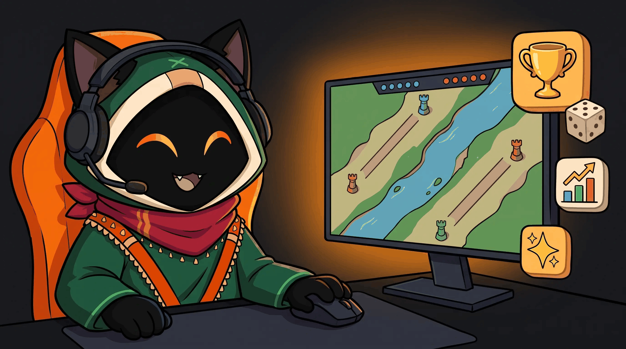 Loop in a gaming chair with a headset, looking at a monitor with a three-lane map and a ten-player scoreboard, with trophy, dice, chart and AI tiles beside it