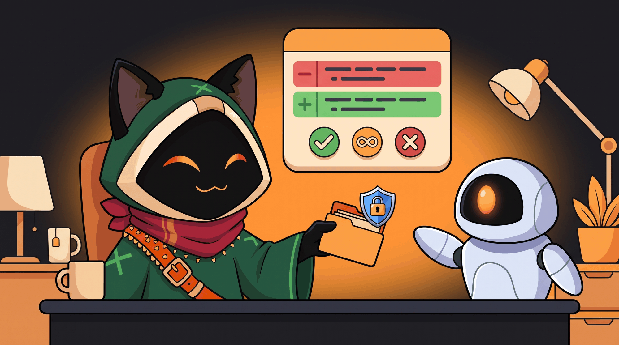 Loop slides a folder across a desk to a robot agent. Between them a permission card shows a removed line in red and an added line in green, with three buttons: allow, always and deny. The agent raises a hand to ask