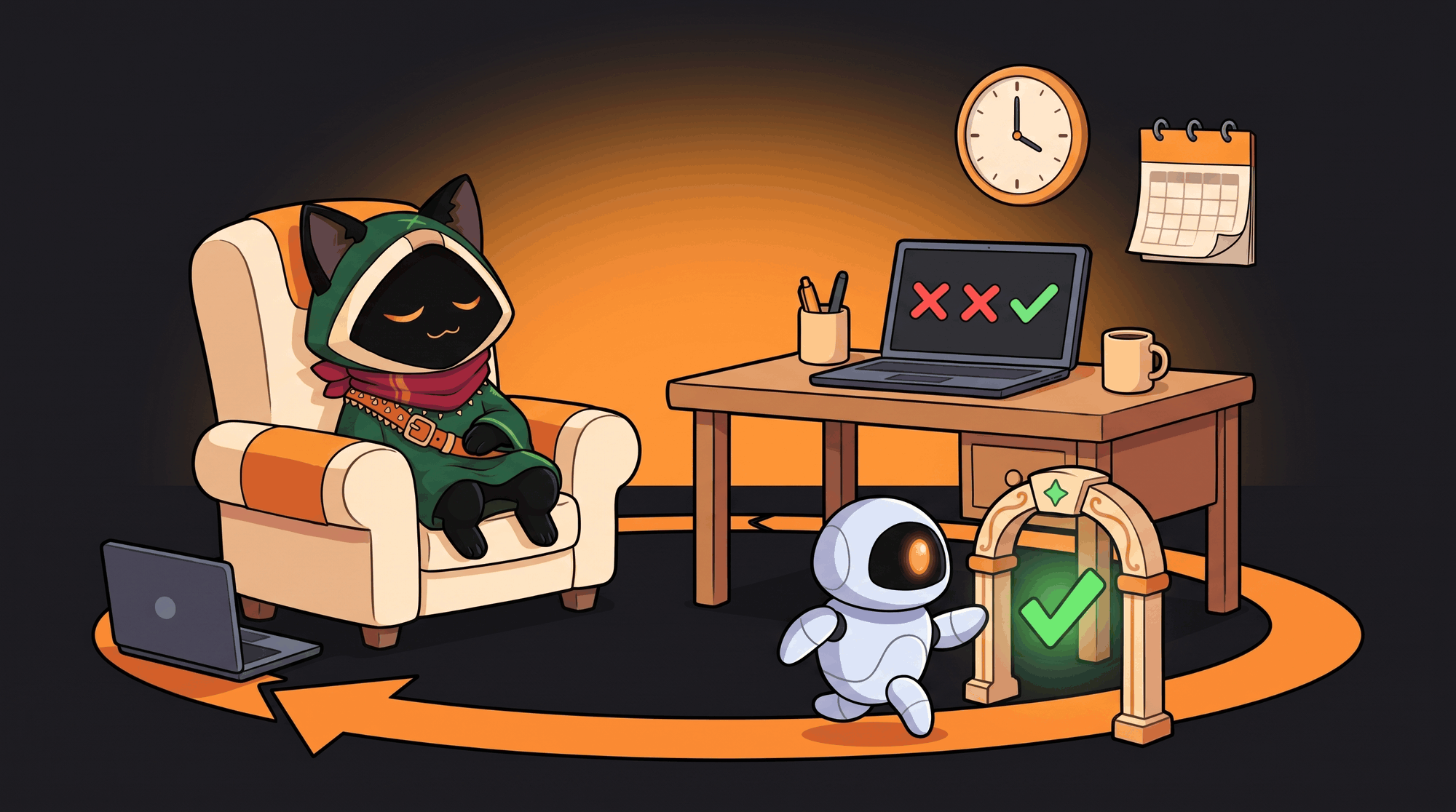 A robot agent runs around a circular arrow track and passes under an arch with a green check mark while Loop naps in an armchair beside a closed laptop. On the desk a screen shows two red crosses turning into a green check; a clock and a calendar hang on the wall