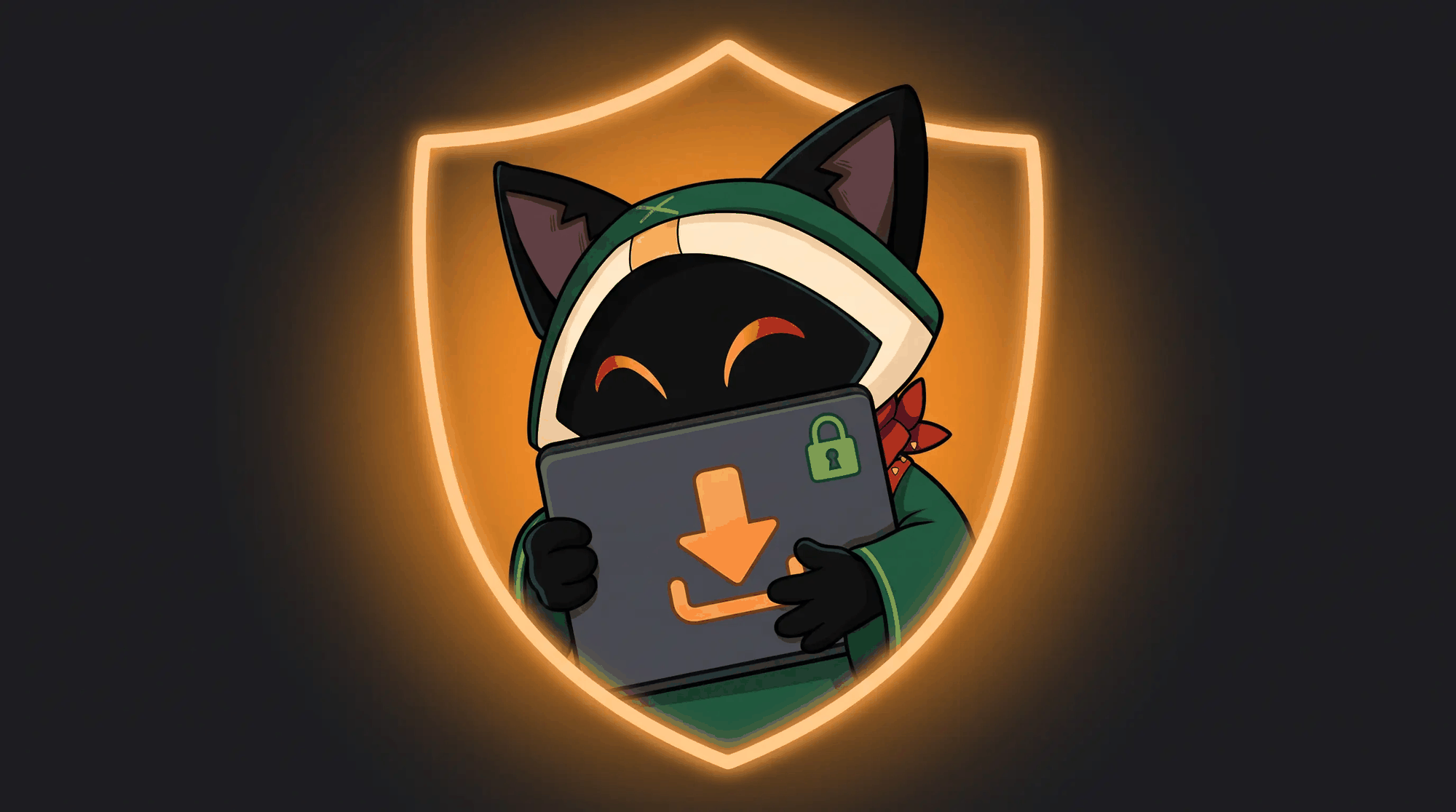 Loop hugging a laptop with the OmniGet download icon and a green padlock, inside a glowing shield