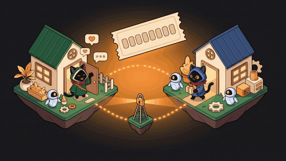 Two small houses on floating islands joined by a glowing dotted path. A visitor in a blue cloak walks over carrying a gift while Loop waves from the door, a ticket with an eight-character code floats above, and a small padlocked relay tower passes light along the path