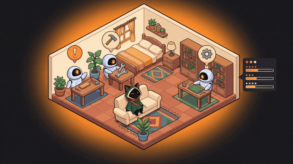 Inside an isometric house with terracotta floors, three robot agents tinker at their own workbenches with tool balloons bobbing above them, one waves at the viewer with an exclamation balloon, a side panel fills its progress bars and Loop sways on the sofa