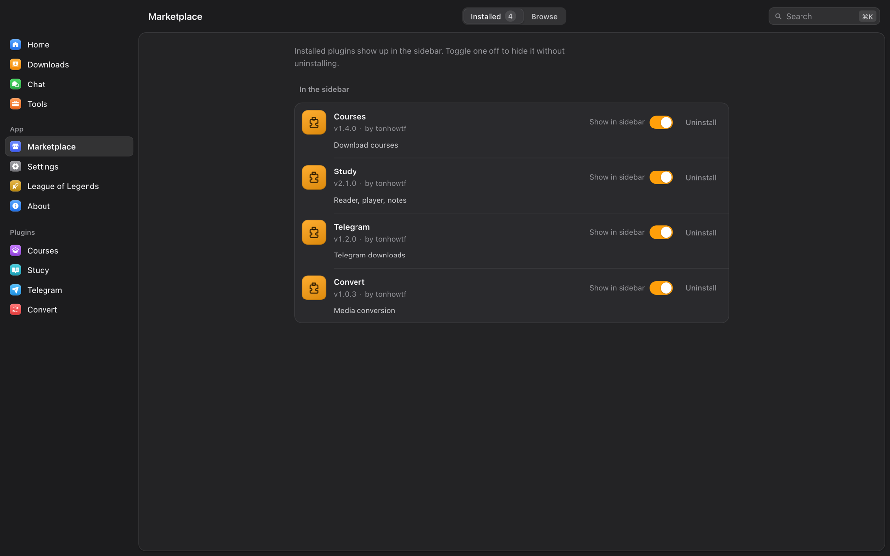 OmniGet Marketplace listing the Courses, Study, Telegram and Convert plugins with version, author, permissions and enable switches