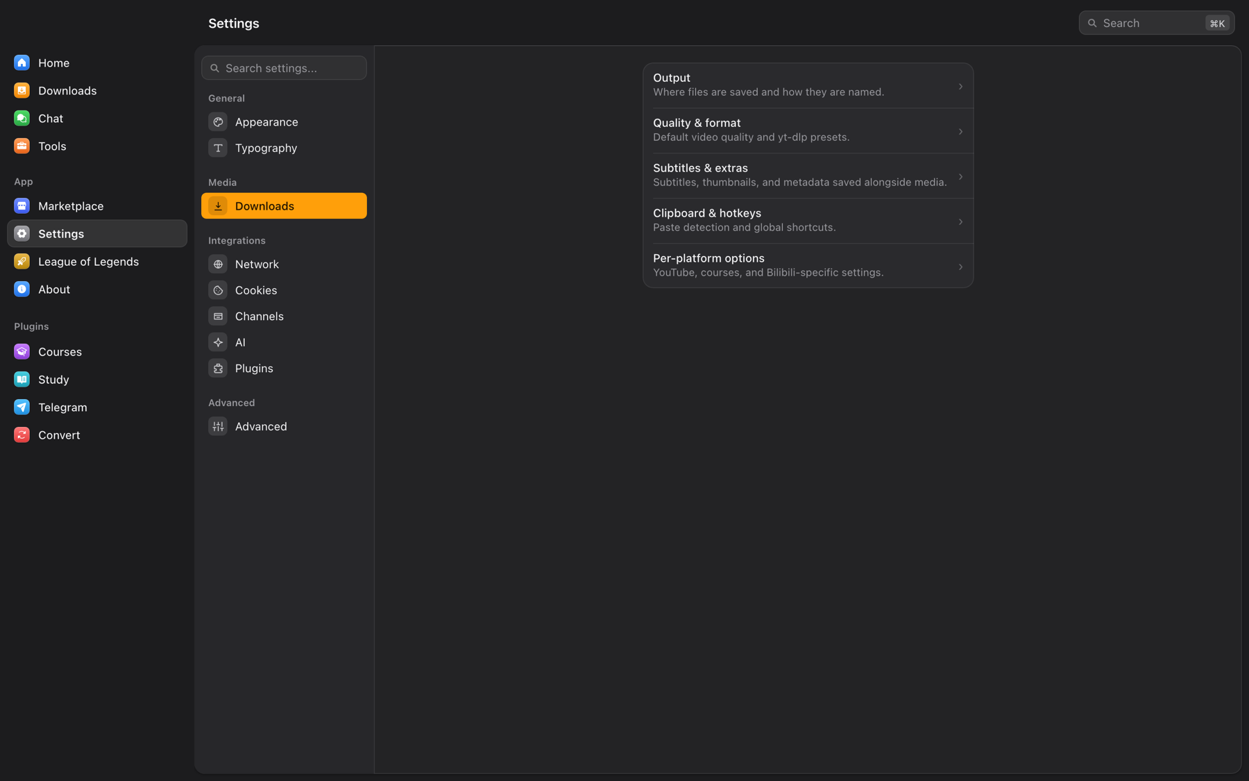 OmniGet settings: grouped sidebar with Appearance, Downloads, Network, Cookies, Channels, AI, Plugins and Advanced, and a download section with Output, Quality, Subtitles, Clipboard and hotkeys, Per-platform options