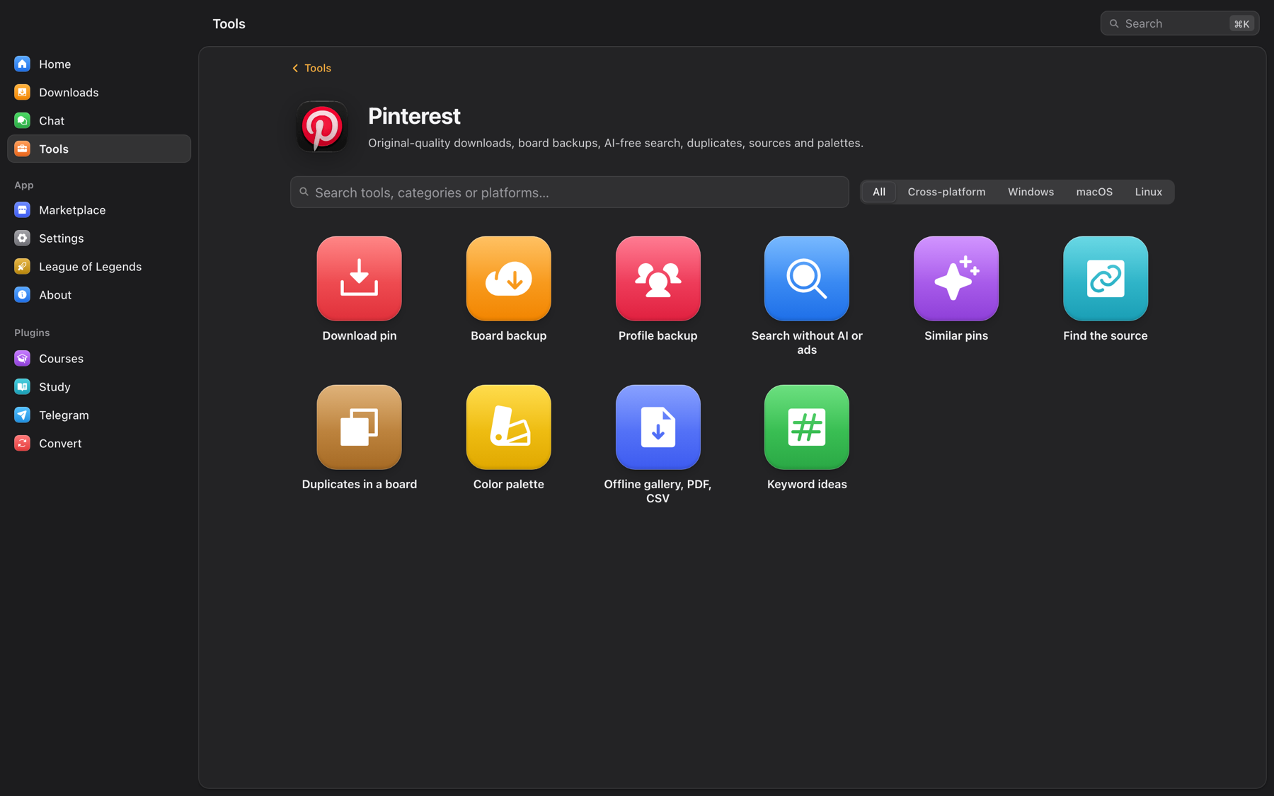 Pinterest tools in OmniGet: download pin, board backup, profile backup, search without AI or ads, similar pins, find the source, duplicates, color palette, offline gallery and keyword ideas