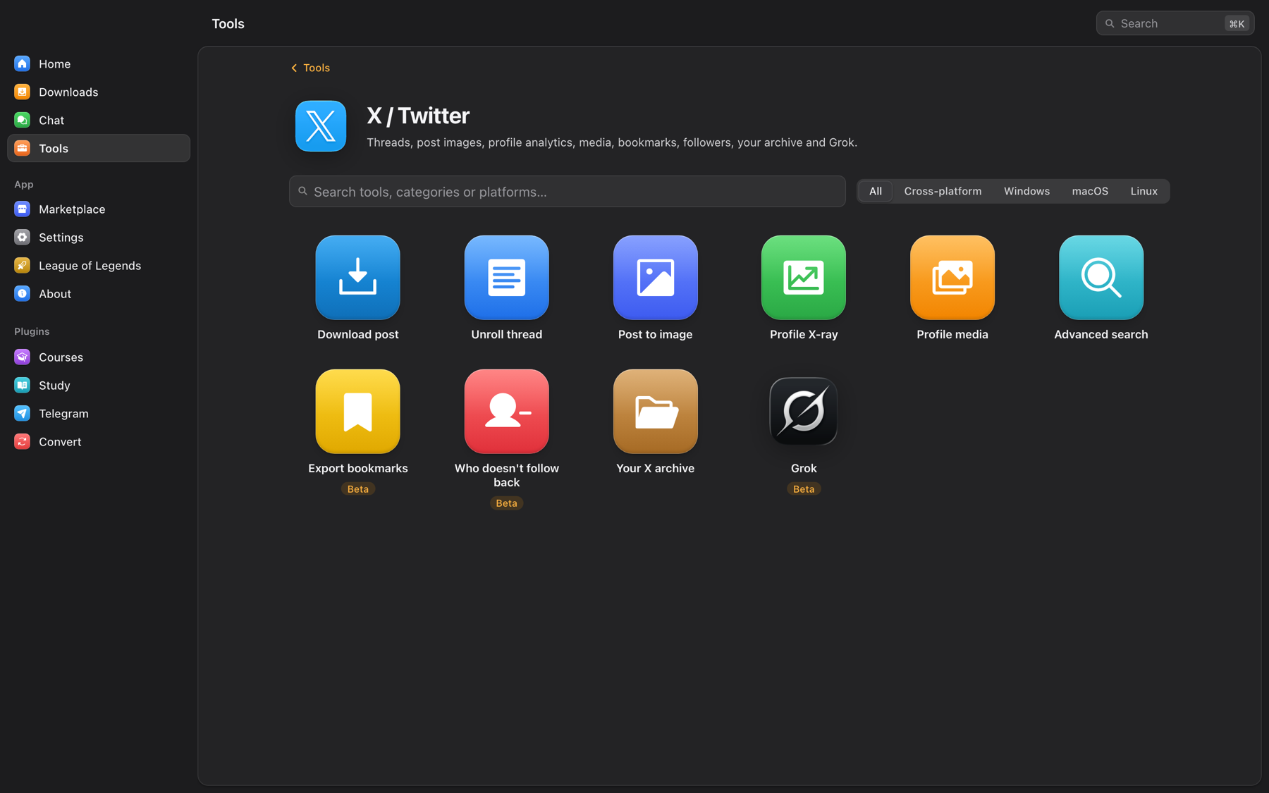 X / Twitter tools in OmniGet: download post, unroll thread, post to image, profile X-ray, profile media, advanced search, export bookmarks, who doesn't follow back, your X archive and Grok