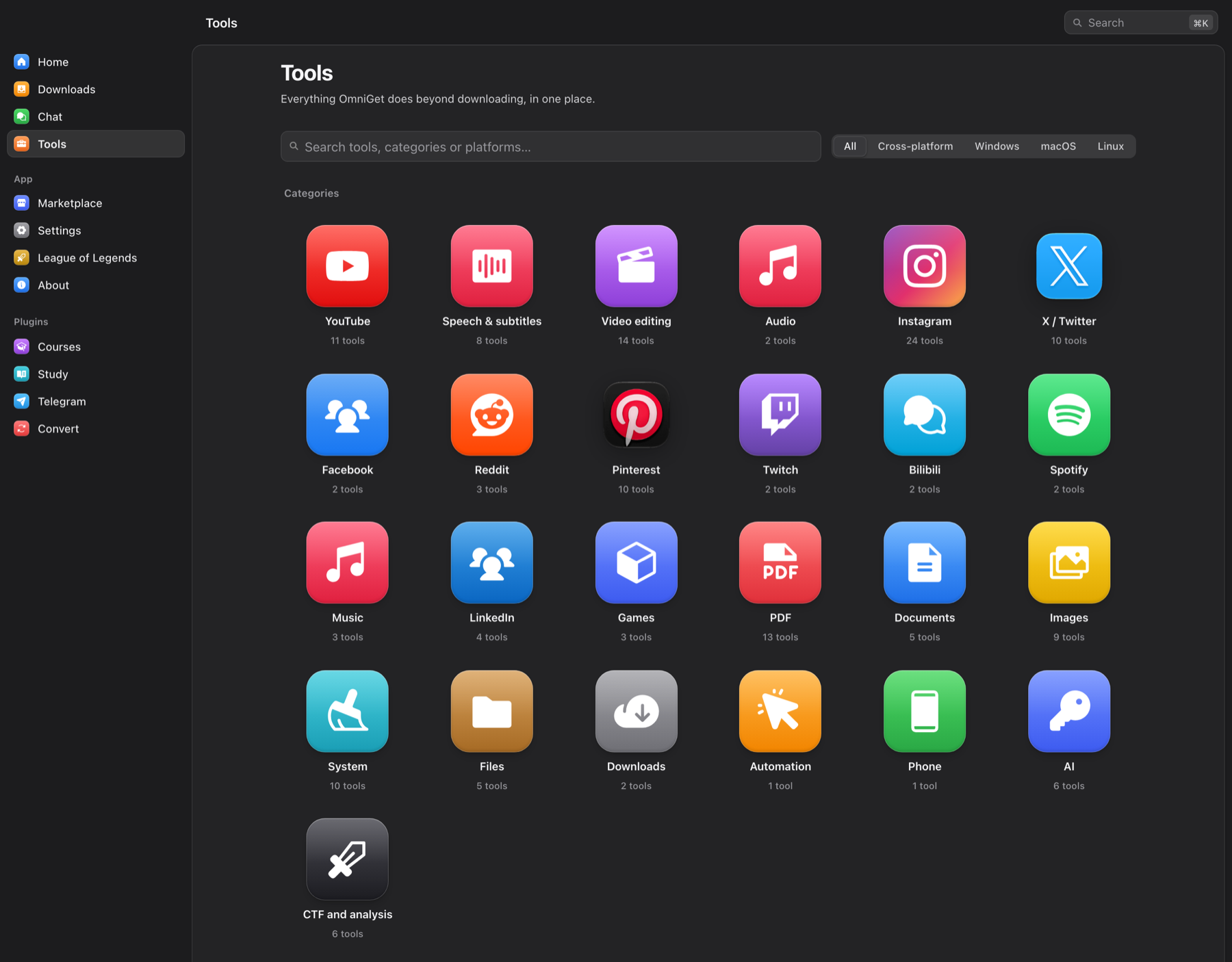 OmniGet Tools hub with 24 categories: YouTube, Speech and subtitles, Video editing, Audio, Instagram, X, Reddit, Pinterest, Twitch, Bilibili, Spotify, Music, LinkedIn, Games, PDF, Documents, Images, System, Files, Downloads, Automation, Phone, AI and CTF and analysis