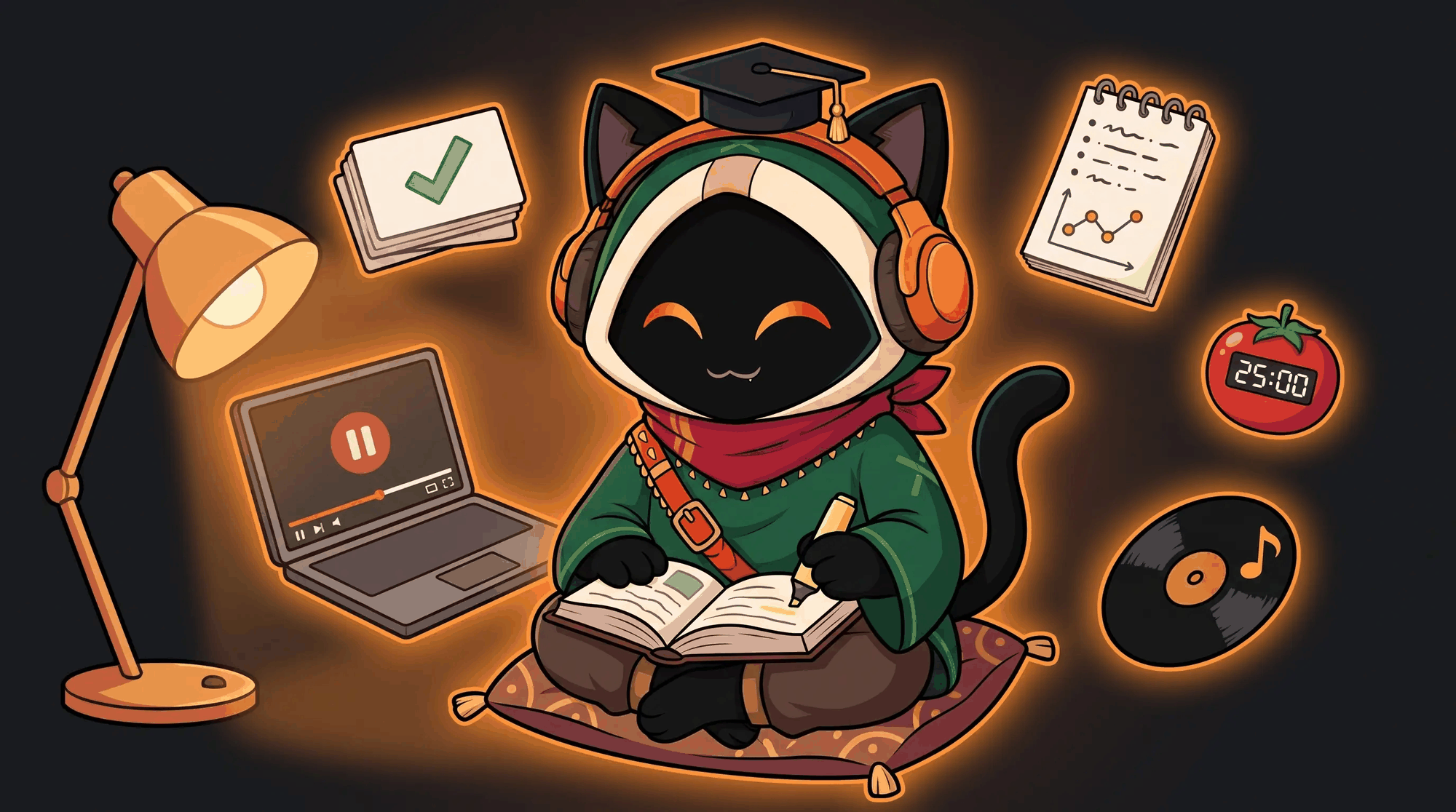Loop with headphones reading a book on a cushion, surrounded by a paused video lesson, flashcards, a notebook with a knowledge graph, a pomodoro timer and a vinyl record