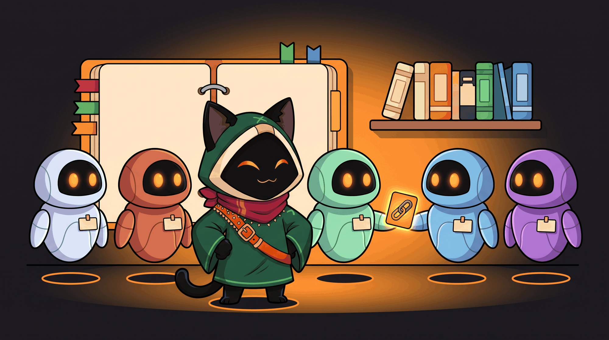 Loop stands as team captain in front of five robot agents of different colours, each with a name badge. One hands a glowing task card to another. Behind them, a large shared notebook with bookmarks and a shelf of skills