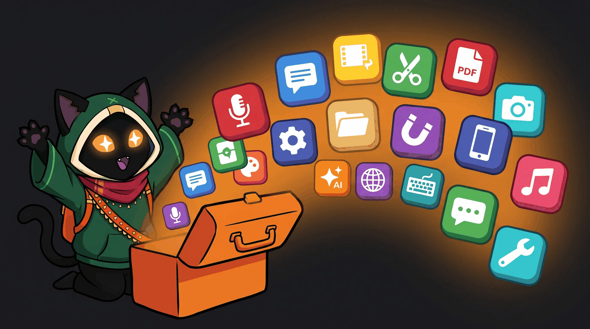 Loop, the OmniGet mascot, opening a toolbox full of tool tiles: microphone, subtitles, scissors, PDF, photo, gear, folder, magnet, phone, AI, music, globe, keyboard, chat and wrench