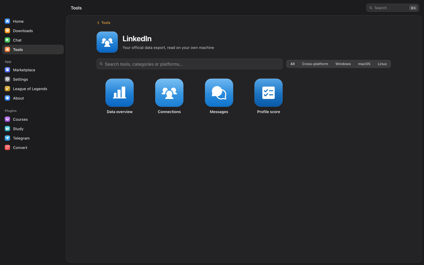 LinkedIn tools in OmniGet: data overview, connections, messages and profile score, all read from the official data export