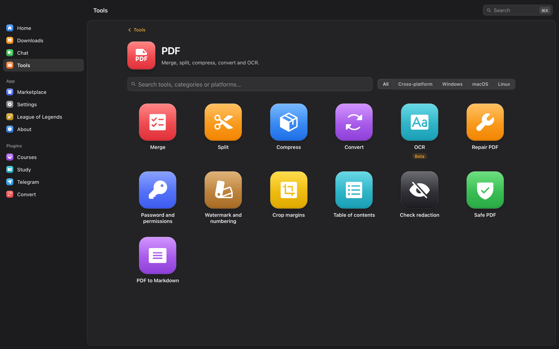 PDF tools in OmniGet: merge, split, compress, convert, OCR, repair, password and permissions, watermark and numbering, crop margins, table of contents, check redaction, safe PDF and PDF to Markdown
