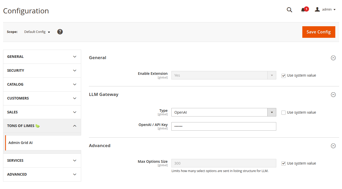 Stores > Configuration > tons of limes 🍋🟩 > Admin Grid AI